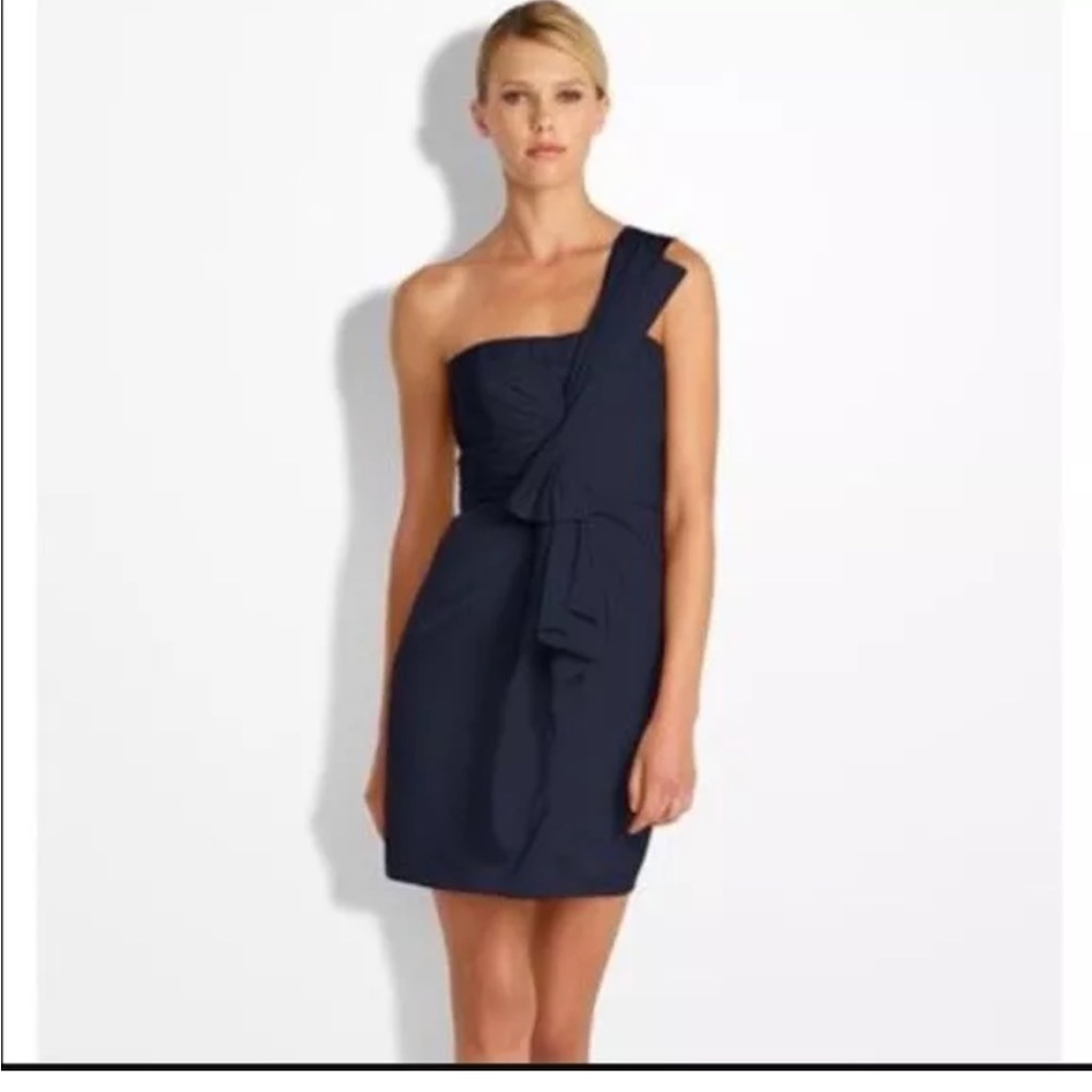 BCBGMaxAzria Palais Navy Blue One Shoulder Drape Front Satin Party Mini Dress